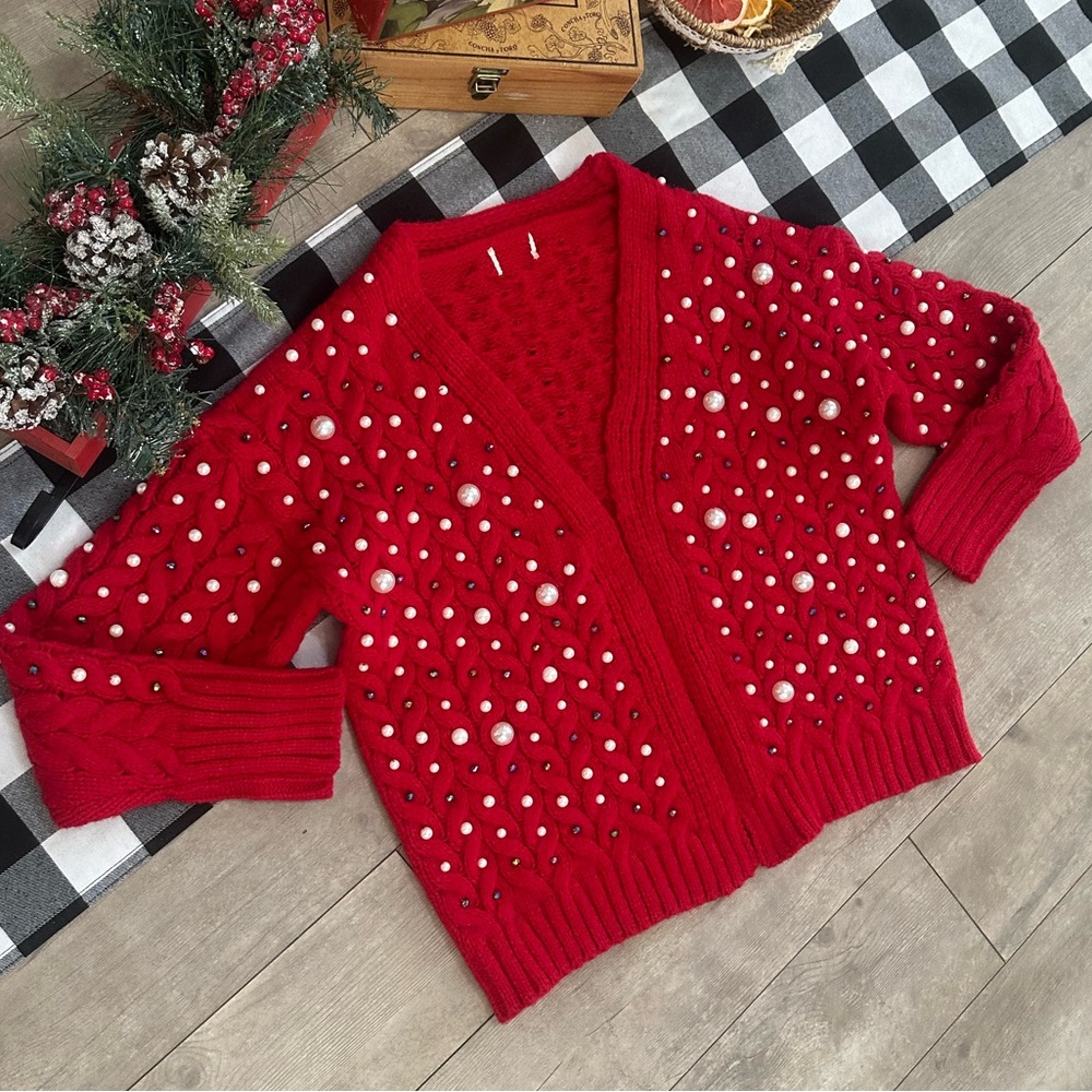 New BiBi Luxury Pearl & Rhinestone Chunky Knit Holiday Cardigan Grannycore Small - Picture 9 of 16